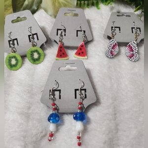 Dangle earrings, beaded mushrooms, watermelon, kiwi, and butterfly charms